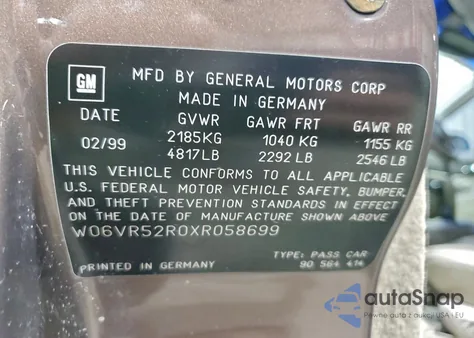 1999 Cadillac Catera z USA, uszkodzony, nr VIN W06VR52R0XR058699